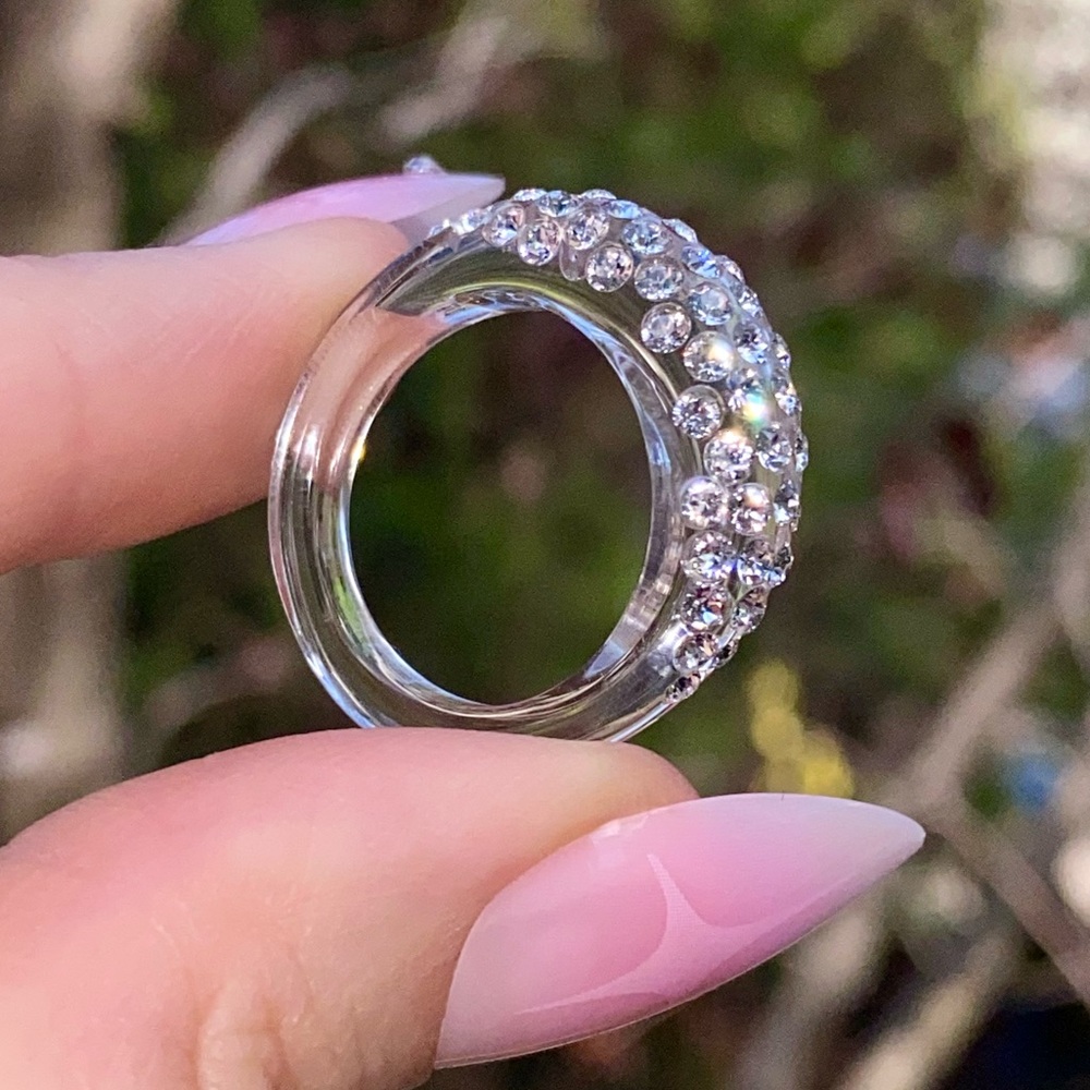 Clear acrylic crystal Lucite ring made with Swarovski crystals